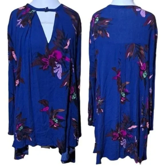 Free People Dress Women XS Tree Swing Blue Tunic Floral Keyhole Boho Long Sleeve - Picture 2 of 9